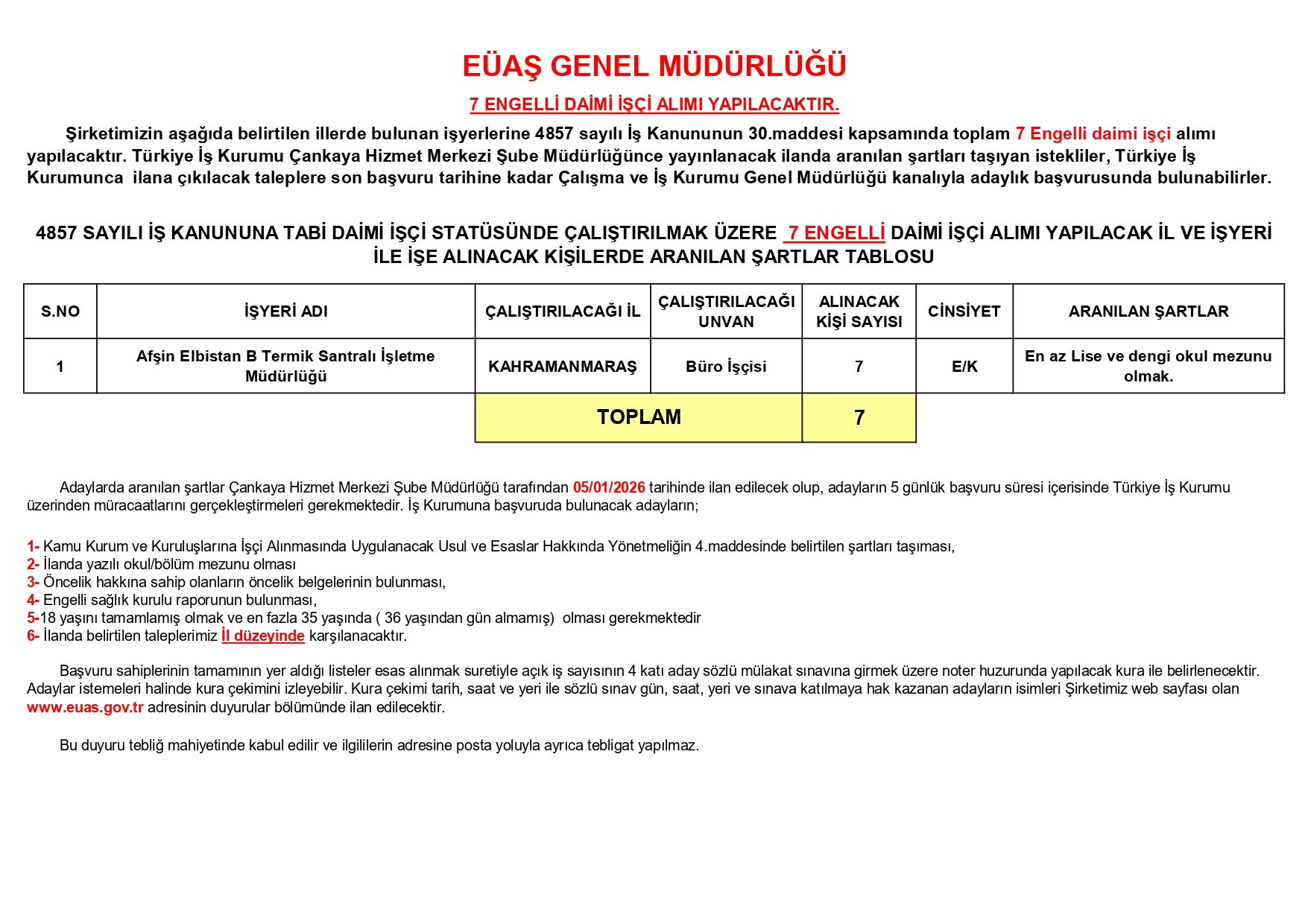 EÜAŞ Engelli Alımı 2026